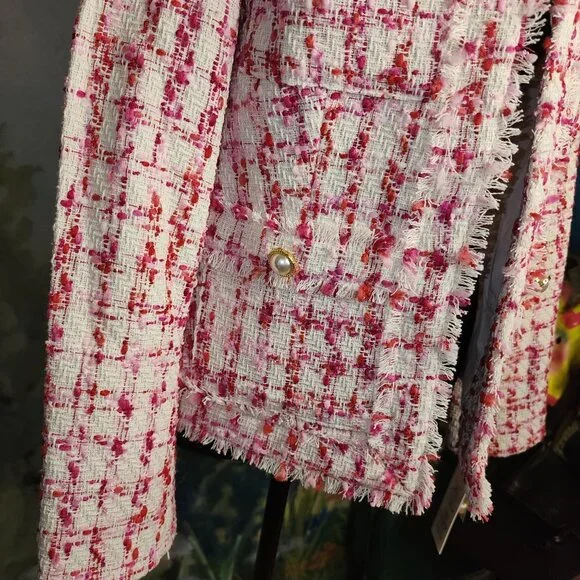 Nanette Lepore Women's Tweed Jacket Pearl Button Accents Fringe Details Size 6 - Picture 10 of 11